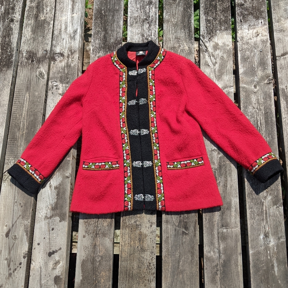 FJORD Fashion Norway pur wool jacket blazer Pewter frog closure floral trim